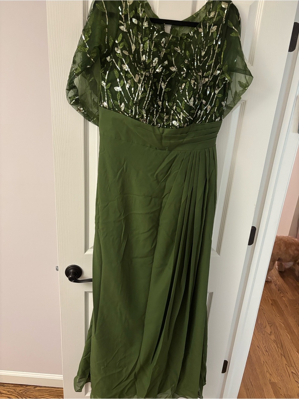 Elegant Olive Green Evening Dress with Beaded Bodice